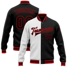 Load image into Gallery viewer, Custom White Black-Red Bomber Full-Snap Varsity Letterman Split Fashion Jacket
