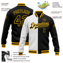 Загрузить изображение в средство просмотра галереи, Custom White Black-Gold Bomber Full-Snap Varsity Letterman Split Fashion Jacket
