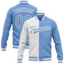 Загрузить изображение в средство просмотра галереи, Custom White Light Blue Bomber Full-Snap Varsity Letterman Split Fashion Jacket
