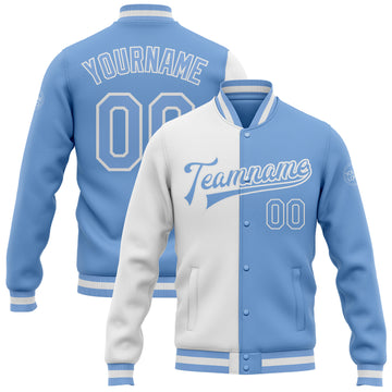 Custom White Light Blue Bomber Full-Snap Varsity Letterman Split Fashion Jacket