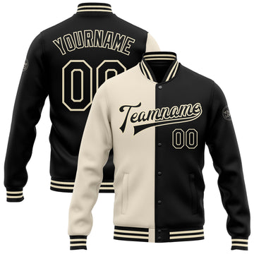 Custom Cream Black Bomber Full-Snap Varsity Letterman Split Fashion Jacket