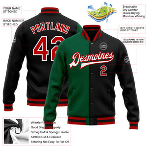 Custom Black Red-Kelly Green Bomber Full-Snap Varsity Letterman Split Fashion Jacket