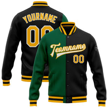 Load image into Gallery viewer, Custom Black Gold-Kelly Green Bomber Full-Snap Varsity Letterman Split Fashion Jacket
