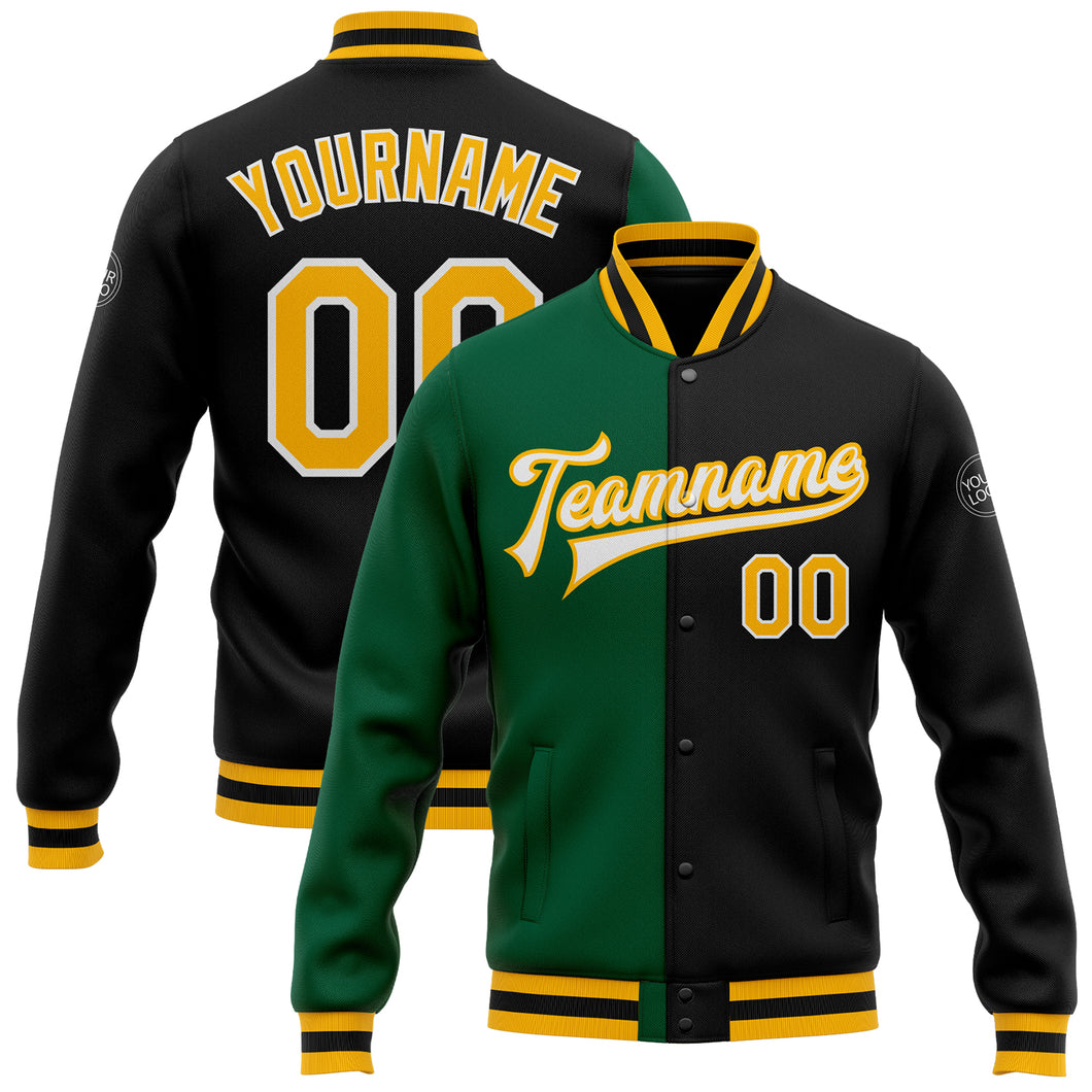 Custom Black Gold-Kelly Green Bomber Full-Snap Varsity Letterman Split Fashion Jacket