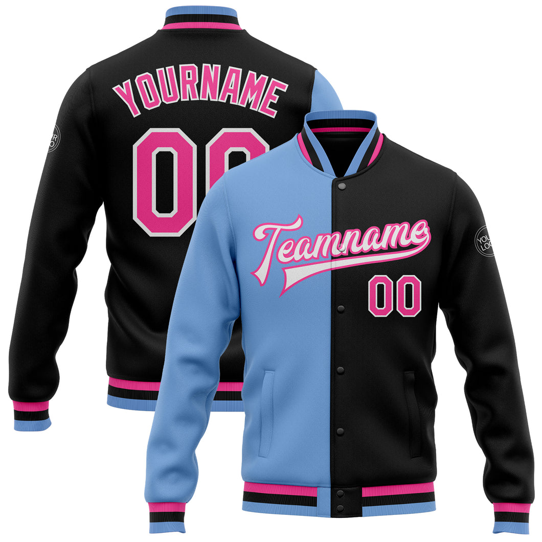 Custom Black Pink-Light Blue Bomber Full-Snap Varsity Letterman Split Fashion Jacket