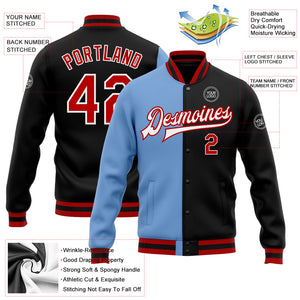 Custom Black Red-Light Blue Bomber Full-Snap Varsity Letterman Split Fashion Jacket