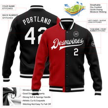 Загрузить изображение в средство просмотра галереи, Custom Black White-Red Bomber Full-Snap Varsity Letterman Split Fashion Jacket
