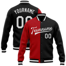 Загрузить изображение в средство просмотра галереи, Custom Black White-Red Bomber Full-Snap Varsity Letterman Split Fashion Jacket
