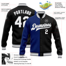 Load image into Gallery viewer, Custom Black White Royal-Gray Bomber Full-Snap Varsity Letterman Split Fashion Jacket
