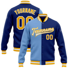 Load image into Gallery viewer, Custom Royal Gold-Light Blue Bomber Full-Snap Varsity Letterman Split Fashion Jacket
