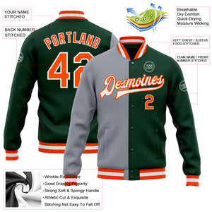 Custom Green Orange-Gray Bomber Full-Snap Varsity Letterman Split Fashion Jacket