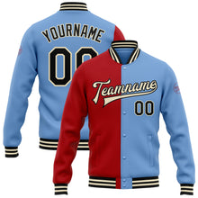 Charger l&#39;image dans la galerie, Custom Light Blue Black Red-Cream Bomber Full-Snap Varsity Letterman Split Fashion Jacket
