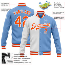 Charger l&#39;image dans la galerie, Custom Light Blue Orange-White Bomber Full-Snap Varsity Letterman Split Fashion Jacket
