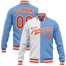 Charger l&#39;image dans la galerie, Custom Light Blue Orange-White Bomber Full-Snap Varsity Letterman Split Fashion Jacket
