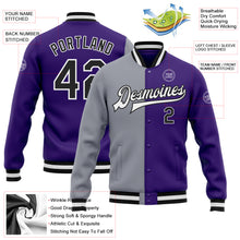 Charger l&#39;image dans la galerie, Custom Purple Black-Gray Bomber Full-Snap Varsity Letterman Split Fashion Jacket
