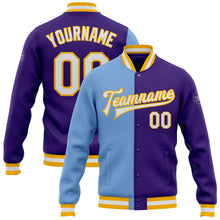 Charger l&#39;image dans la galerie, Custom Purple White Light Blue-Gold Bomber Full-Snap Varsity Letterman Split Fashion Jacket
