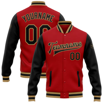 Custom Red Black-Old Gold Bomber Full-Snap Varsity Letterman Two Tone Jacket