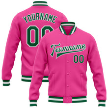 Charger l&#39;image dans la galerie, Custom Pink Kelly Green-White Bomber Full-Snap Varsity Letterman Jacket
