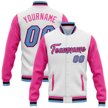 Load image into Gallery viewer, Custom White Light Blue Pink-Black Bomber Full-Snap Varsity Letterman Two Tone Jacket
