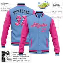 Charger l&#39;image dans la galerie, Custom Light Blue Pink-Black Bomber Full-Snap Varsity Letterman Two Tone Jacket
