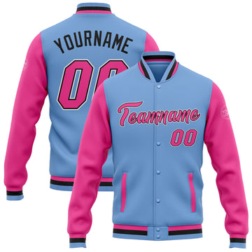 Custom Light Blue Pink-Black Bomber Full-Snap Varsity Letterman Two Tone Jacket