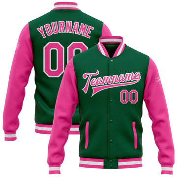 Custom Kelly Green Pink-White Bomber Full-Snap Varsity Letterman Two Tone Jacket