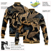 Charger l&#39;image dans la galerie, Custom Black Black-Old Gold Tropical Leopard With Palms 3D Pattern Design Bomber Full-Snap Varsity Letterman Jacket
