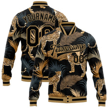 Charger l&#39;image dans la galerie, Custom Black Black-Old Gold Tropical Leopard With Palms 3D Pattern Design Bomber Full-Snap Varsity Letterman Jacket
