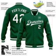 Load image into Gallery viewer, Custom Kelly Green White Bomber Full-Snap Varsity Letterman Jacket
