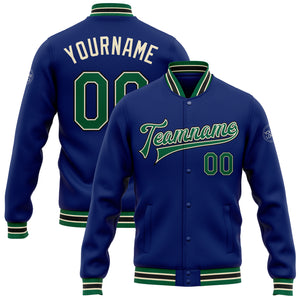 Custom Royal Kelly Green Cream-Black Bomber Full-Snap Varsity Letterman Jacket