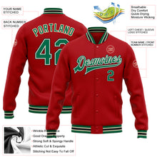 Загрузить изображение в средство просмотра галереи, Custom Red Kelly Green Cream-Black Bomber Full-Snap Varsity Letterman Jacket
