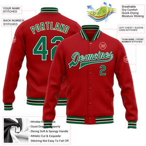 Custom Red Kelly Green Cream-Black Bomber Full-Snap Varsity Letterman Jacket