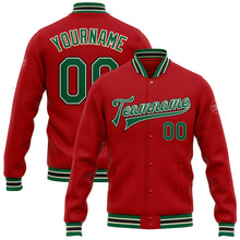 Загрузить изображение в средство просмотра галереи, Custom Red Kelly Green Cream-Black Bomber Full-Snap Varsity Letterman Jacket
