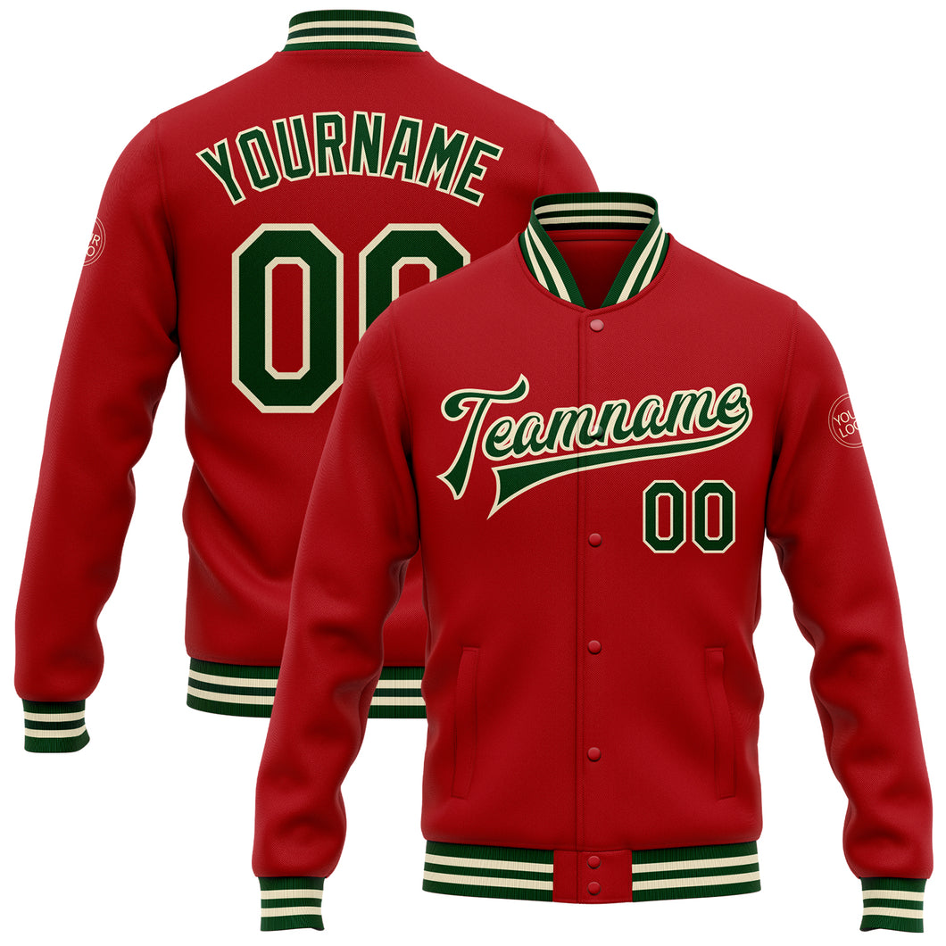 Custom Red Green-Cream Bomber Full-Snap Varsity Letterman Jacket