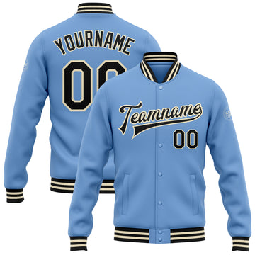 Custom Light Blue Black-Cream Bomber Full-Snap Varsity Letterman Jacket