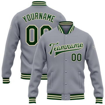 Custom Gray Green-Cream Bomber Full-Snap Varsity Letterman Jacket