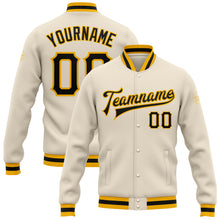 Load image into Gallery viewer, Custom Cream Black-Gold Bomber Full-Snap Varsity Letterman Jacket
