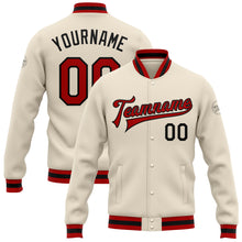 Загрузить изображение в средство просмотра галереи, Custom Cream Red-Black Bomber Full-Snap Varsity Letterman Jacket
