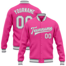 Charger l&#39;image dans la galerie, Custom Pink White-Gray Bomber Full-Snap Varsity Letterman Jacket
