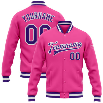 Custom Pink Purple-White Bomber Full-Snap Varsity Letterman Jacket