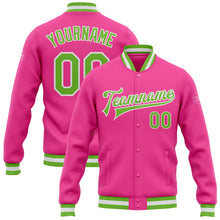 Charger l&#39;image dans la galerie, Custom Pink Neon Green-White Bomber Full-Snap Varsity Letterman Jacket
