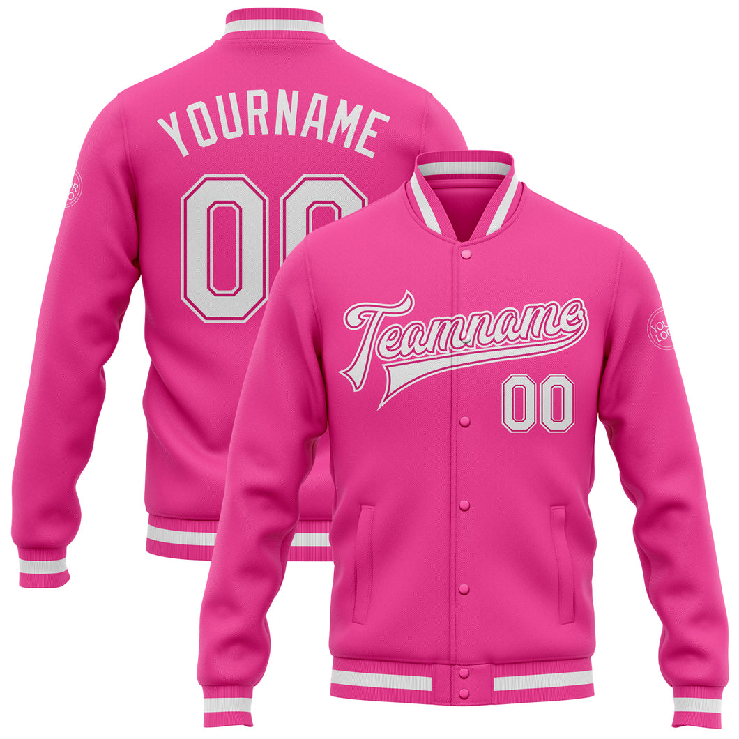 Custom Pink White Bomber Full-Snap Varsity Letterman Jacket