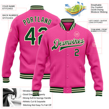 Laden Sie das Bild in den Galerie-Viewer, Custom Pink Green-Cream Bomber Full-Snap Varsity Letterman Jacket
