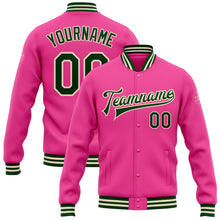 Laden Sie das Bild in den Galerie-Viewer, Custom Pink Green-Cream Bomber Full-Snap Varsity Letterman Jacket
