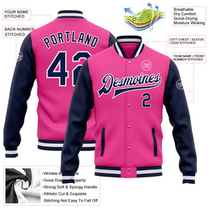 Custom Pink Navy-White Bomber Full-Snap Varsity Letterman Two Tone Jacket