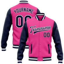 Загрузить изображение в средство просмотра галереи, Custom Pink Navy-White Bomber Full-Snap Varsity Letterman Two Tone Jacket
