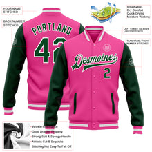 Laden Sie das Bild in den Galerie-Viewer, Custom Pink Green-White Bomber Full-Snap Varsity Letterman Two Tone Jacket
