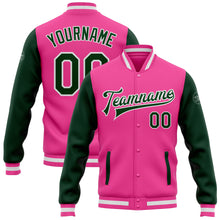 Laden Sie das Bild in den Galerie-Viewer, Custom Pink Green-White Bomber Full-Snap Varsity Letterman Two Tone Jacket
