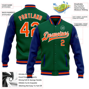 Custom Kelly Green Orange-Royal Bomber Full-Snap Varsity Letterman Two Tone Jacket