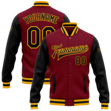 Laden Sie das Bild in den Galerie-Viewer, Custom Crimson Black-Gold Bomber Full-Snap Varsity Letterman Two Tone Jacket
